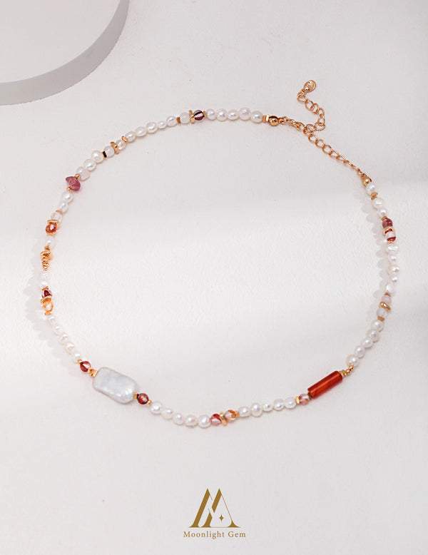 Strawberry Quartz Crushed Stone Natural Pearl Necklace