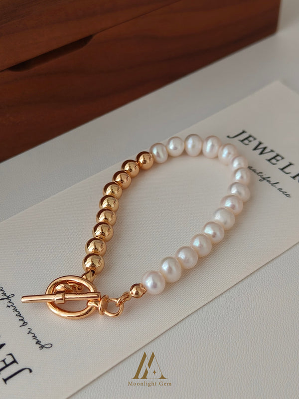 S925 sterling silver with 18k gold plating natural freshwater pearl bracelet